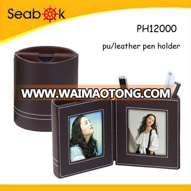 Promotional Desktop Stationery Business Gift Leather Pen Holder with Photo Frame